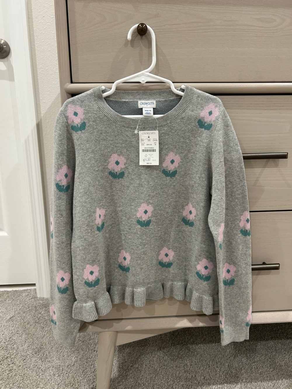 NWT: Crewcuts Gray Knit Sweater with Pink Floral Motif Kids M (8-9)